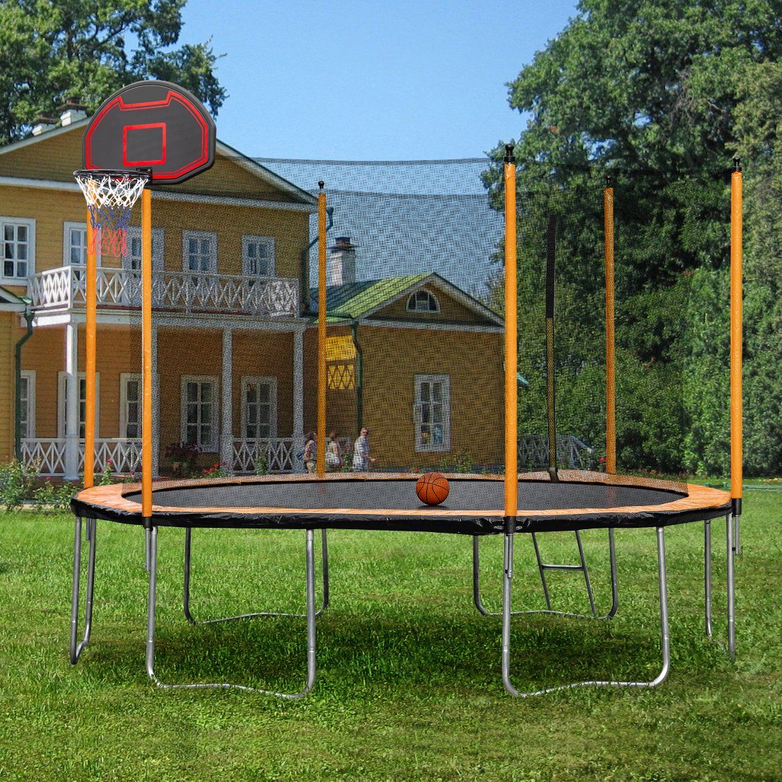 12FT Orange Trampoline with Basketball Hoop Inflator and Ladder Inner Safety Enclosure