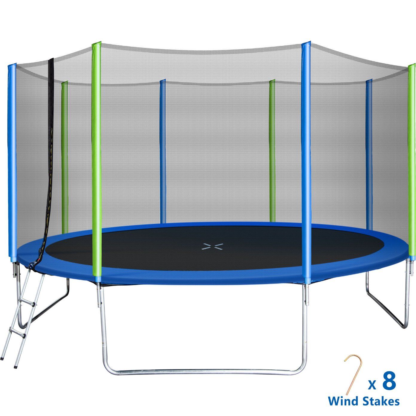 12FT Trampoline with Safety Enclosure Net Ladder and 8 Wind Stakes Round Indoor Recreational Trampoline