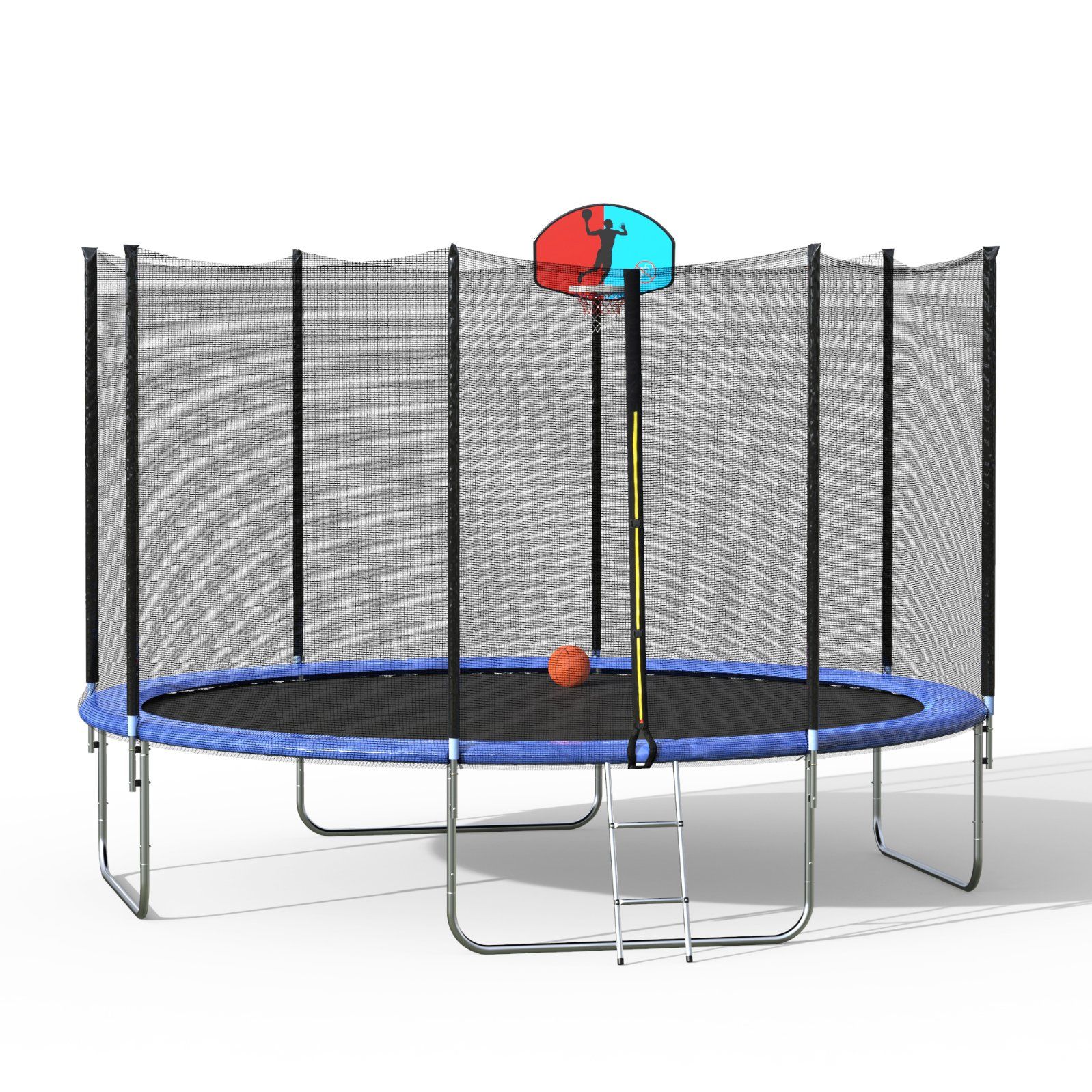 12FT Trampoline with Safety Enclosure Net Ladder Spring Cover Padding Basketball Hoop for Outdoor Exercise