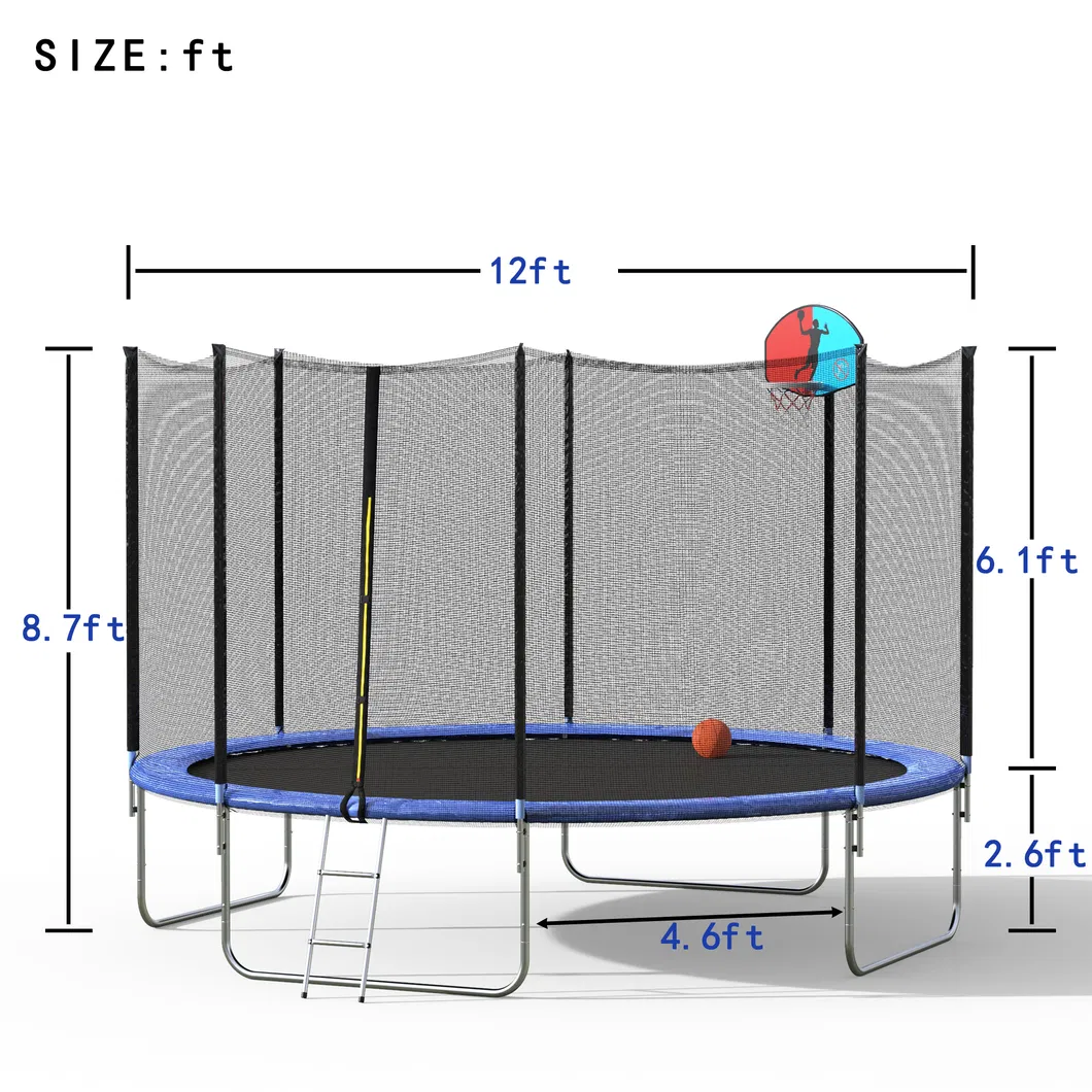 12FT Trampoline with Safety Enclosure Net Ladder Spring Cover Padding Basketball Hoop for Outdoor Exercise
