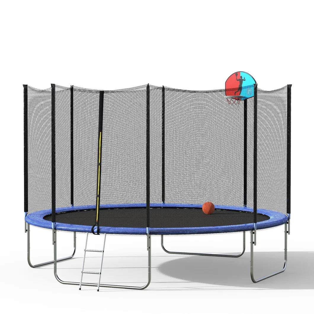 12FT Trampoline with Safety Enclosure Net Ladder Spring Cover Padding Basketball Hoop for Outdoor Exercise