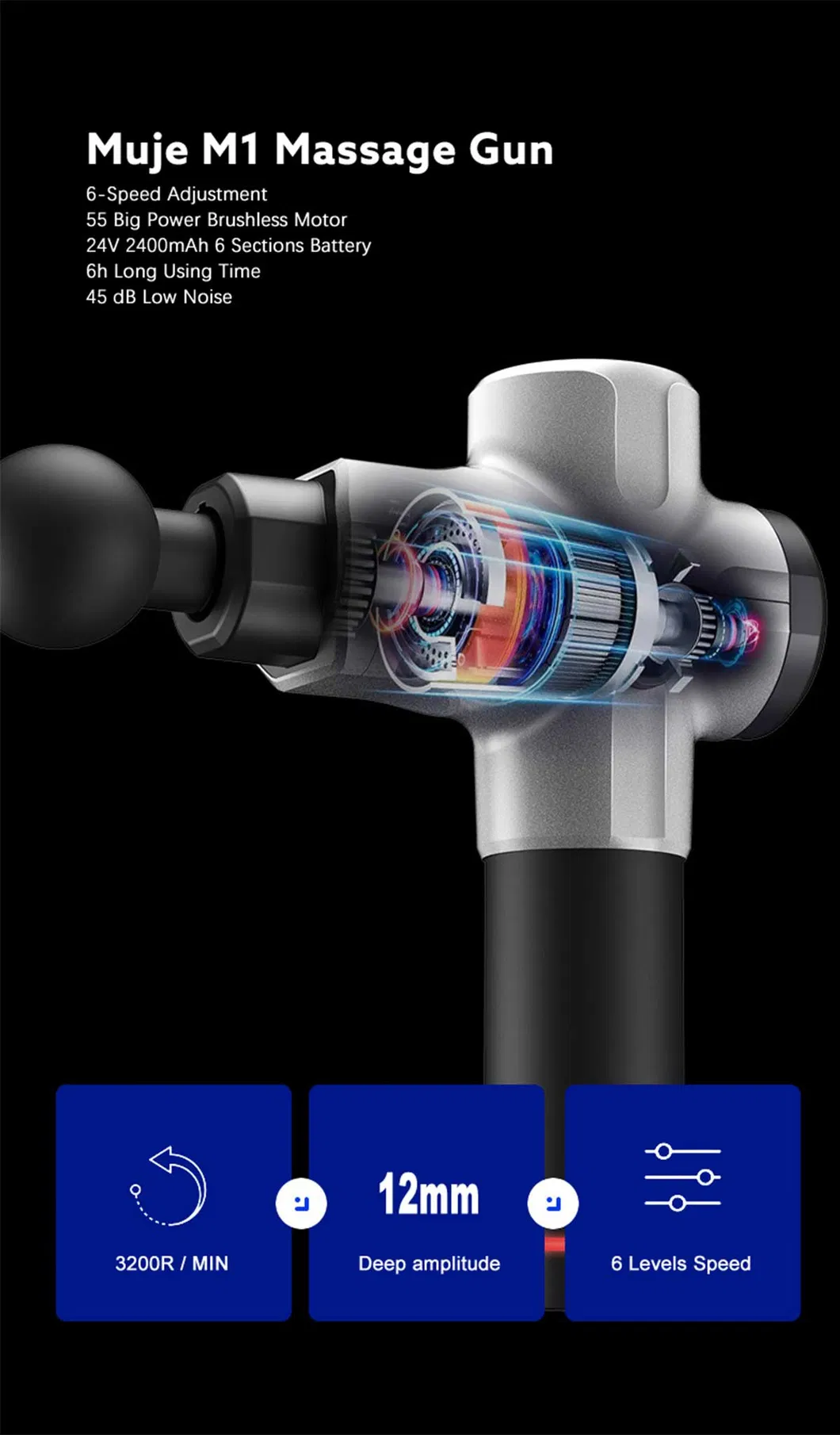 24V Cordless Muscle Massage Gun/Deep Sports Massage Gun/ Deep Tissue Gun Massager